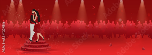 Faceless Young Couple Doing Dance On Stage For Valentine's Day Concept. Header Or Banner Design.