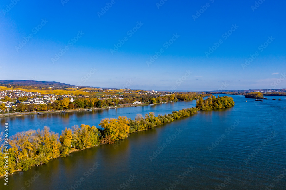 Aerial view, Ruedesheim with vineyards and the Rhine, Ruedesheim am Rhein, Rhineland-Pflaz, Germany