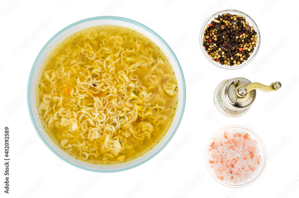 Broth with dry instant noodle. Photo Studio Broth with dry instant noodle. Photo Studio