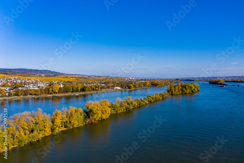 Aerial view, Ruedesheim with vineyards and the Rhine, Ruedesheim am Rhein, Rhineland-Pflaz, Germany © David Brown