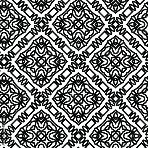  Geometric vector pattern with triangular elements. Seamless abstract ornament for wallpapers and backgrounds. Black and white colors.