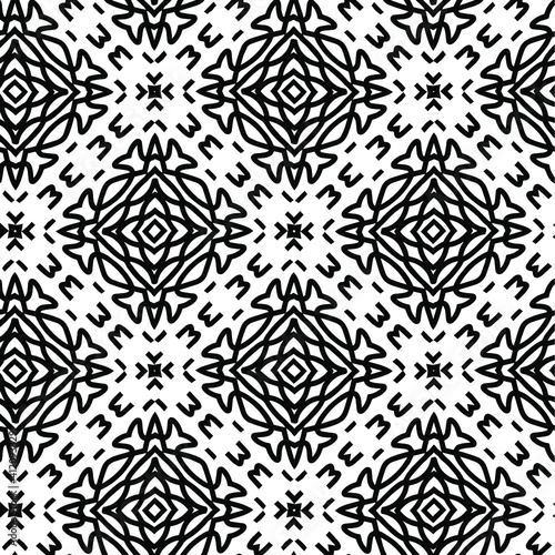  Geometric vector pattern with triangular elements. Seamless abstract ornament for wallpapers and backgrounds. Black and white colors.