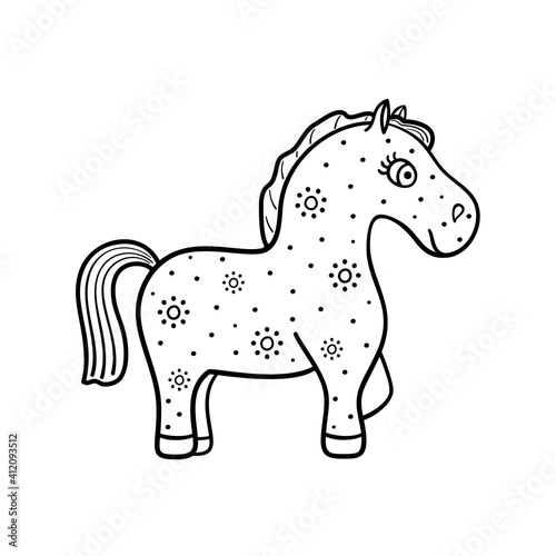 Cute horse is isolated on white background. Illustration for coloring book.