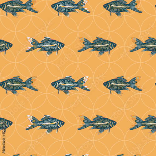 Vector geometric hand drawn gold fishes seamless pattern print background.