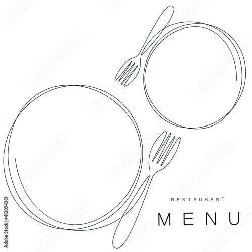 Menu restaurant background with plate and fork line drawing, vector illustration