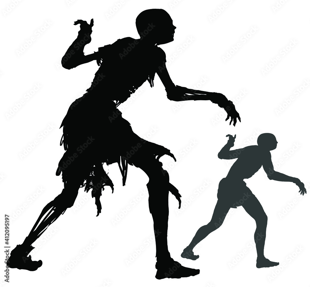 Fototapeta premium The black silhouette of an ugly, broken zombie walking forward in unconsciousness, its guests shining through, torn rags on it. 2d illustration