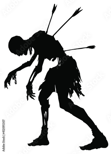 The black silhouette of a zombie skeleton pierced through with three arrows in the back, its spine and ribs with bones shining through. 2d illustration