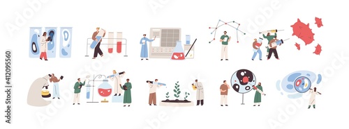 Scientists conducting scientific researches, analyses and tests of vaccines. Developments and discoveries in medical science concept. Graphic flat vector illustration isolated on white background