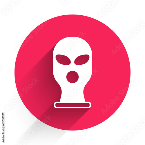 White Balaclava icon isolated with long shadow. A piece of clothing for winter sports or a mask for a criminal or a thief. Red circle button. Vector.