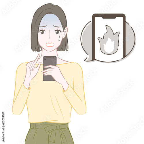 炎上してショックを受けるスマホを持った女性のイラスト