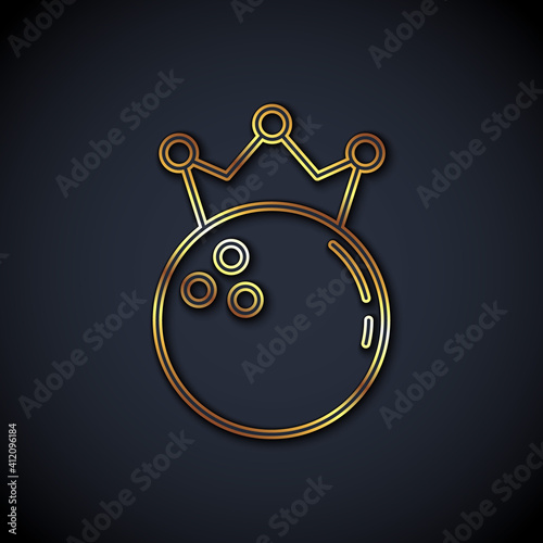 Gold line Bowling ball icon isolated on black background. Sport equipment. Vector.