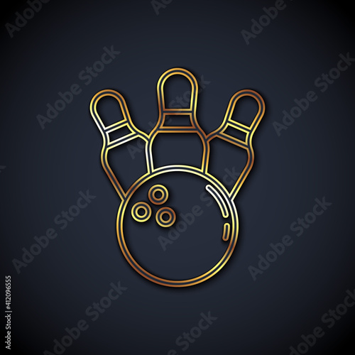Gold line Bowling pin and ball icon isolated on black background. Sport equipment. Vector.