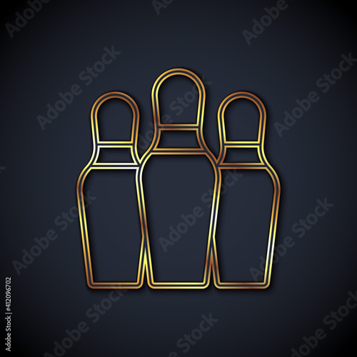 Gold line Bowling pin icon isolated on black background. Vector.