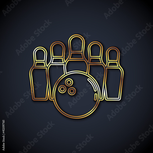 Gold line Bowling pin and ball icon isolated on black background. Sport equipment. Vector.