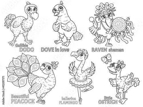 Canvas Print A set of children's coloring pages with birds