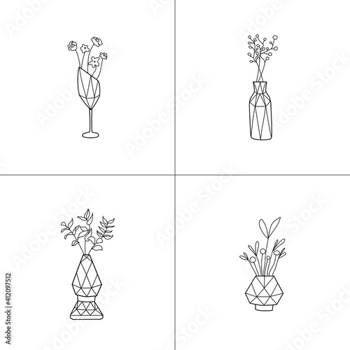 Set of cute vases with garden blooming flowers. All elements are hand-drawn. Vector cartoon illustration. Flowers whith cute vases.