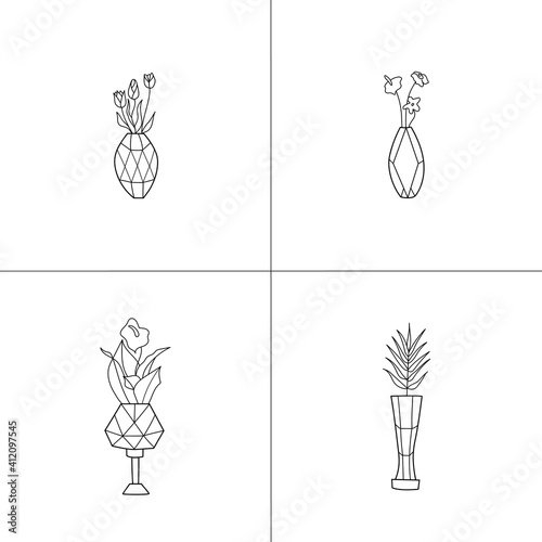 Set of cute vases with garden blooming flowers. All elements are hand-drawn. Flat cartoon illustration. Vector illustration. The bouquets with tulip and anthurium on white background. © Olha