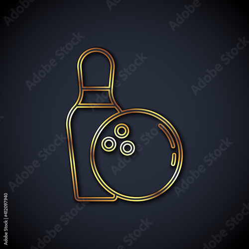 Gold line Bowling pin and ball icon isolated on black background. Sport equipment. Vector.