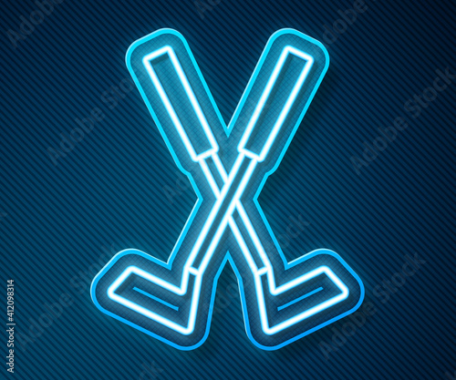 Glowing neon line Crossed golf club icon isolated on blue background. Vector.