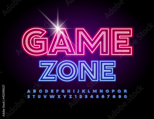 Vector neon banner Game Zone. Electric creative Font. Glowing set of Alphabet Letters and Numbers