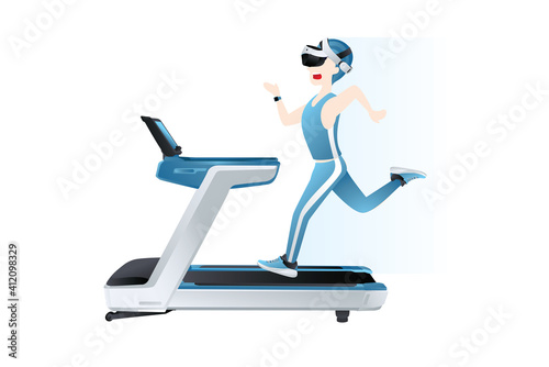 Sportman workout on treadmill with virtual reality (VR) gadget device