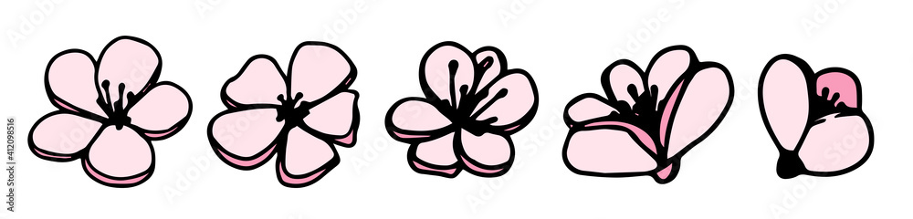Vector set silhouettes of five hand drawn pink magnolia flowers isolated on white background. Vector illustration. Flowers spring doodle, sketch illustrations Vector set silhouettes of five hand drawn pink magnolia flowers isolated on white background. Vector illustration. Flowers spring doodle, sketch illustrations