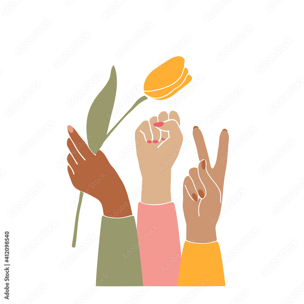 Illustration woman's hand holds a flower,fist and V-sign in the air. Feminist vector lineart artwork. Illustration woman's hand holds a flower,fist and V-sign in the air. Feminist vector lineart artwork.