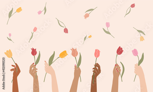 Vector illustration female hands holding flowers. Elegant floral poster with tulips.Happy international women's day.