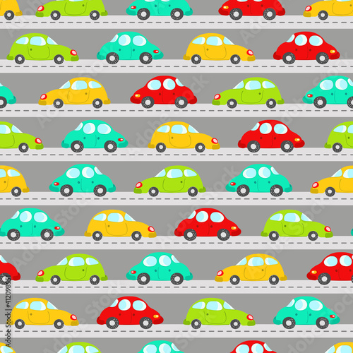 Seamless pattern with cute cars on blue background. Cartoot transport. Vector illustration. Doodle style. Design for baby print, invitation, poster, card, fabric, textile