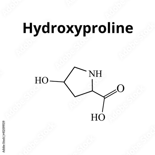 Amino acid Hydroxyproline. Chemical molecular formula Hydroxyproline amino acid. Vector illustration on isolated background