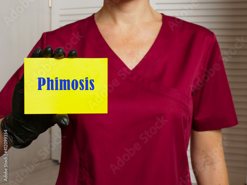 Medical concept meaning Phimosis with sign on the sheet.