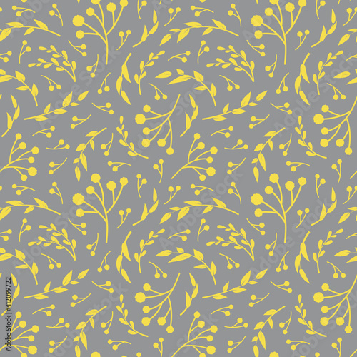 Illuminating yellow and ultimate gray floral vector seamless pattern. Yellow leaves on gray background. Abstract floral pattern. Vector illustration. Simple design for fabric, wallpaper, textile
