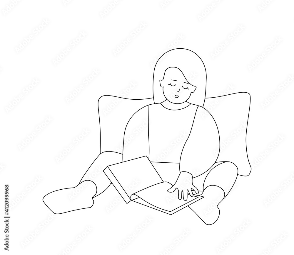 Vector flat isolated illustration about homeschooling. Little girl holds and reads book. Child sits at home. Distant domestic education. Simplified concept with black outline. White background