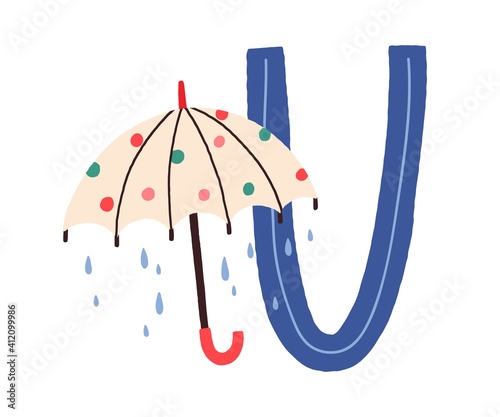 Capital letter U of childish English alphabet with umbrella in Scandi style. ...
