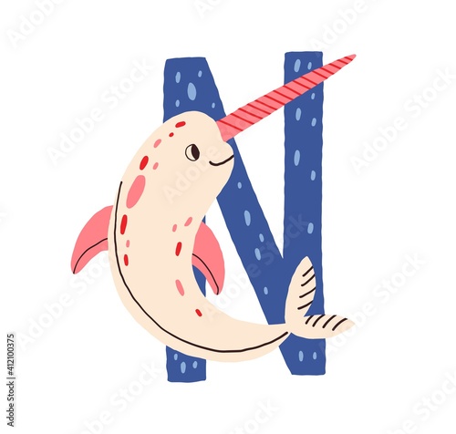 Capital letter N of English childish alphabet with animal in Scandinavian sty...