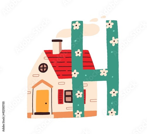 Capital letter H of childish English alphabet with house. Funny kids font wit...
