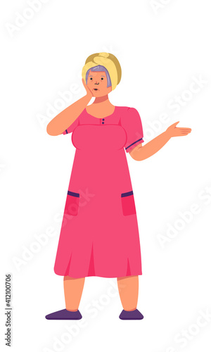 Grandmother in a pink robe and a turban on her head