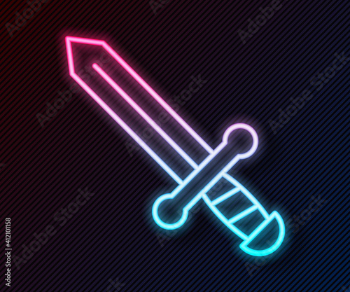 Glowing neon line Medieval sword icon isolated on black background. Medieval weapon. Vector.