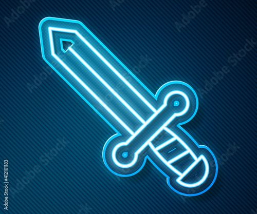 Glowing neon line Medieval sword icon isolated on blue background. Medieval weapon. Vector.