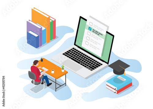 online or live test exam with people study on computer on the desk table with modern isometric style