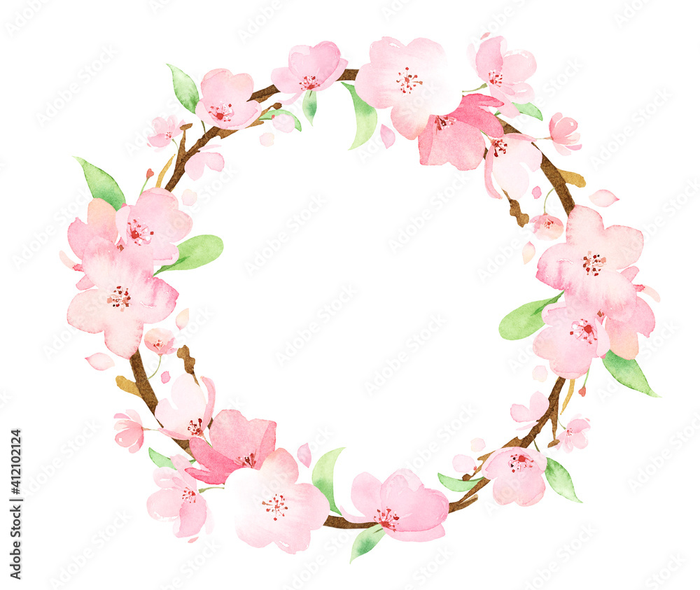 手描き水彩 | 桜の枝 wreathe 花輪 イラスト