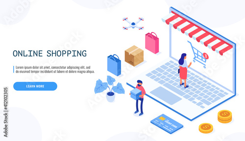 Landing page with people or buyers, giant laptop computer with store front on screen and place for text. Isometric vector illustration.