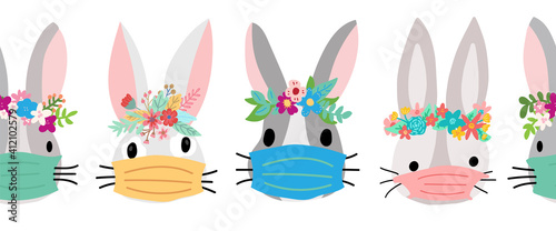 Easter Coronavirus Bunnies with face mask seamless vector border. Repeating Easter holiday rabbit pattern. Cute animal kids decor pandemic Easter holidays. Bunny with flower crowns for banner, cards