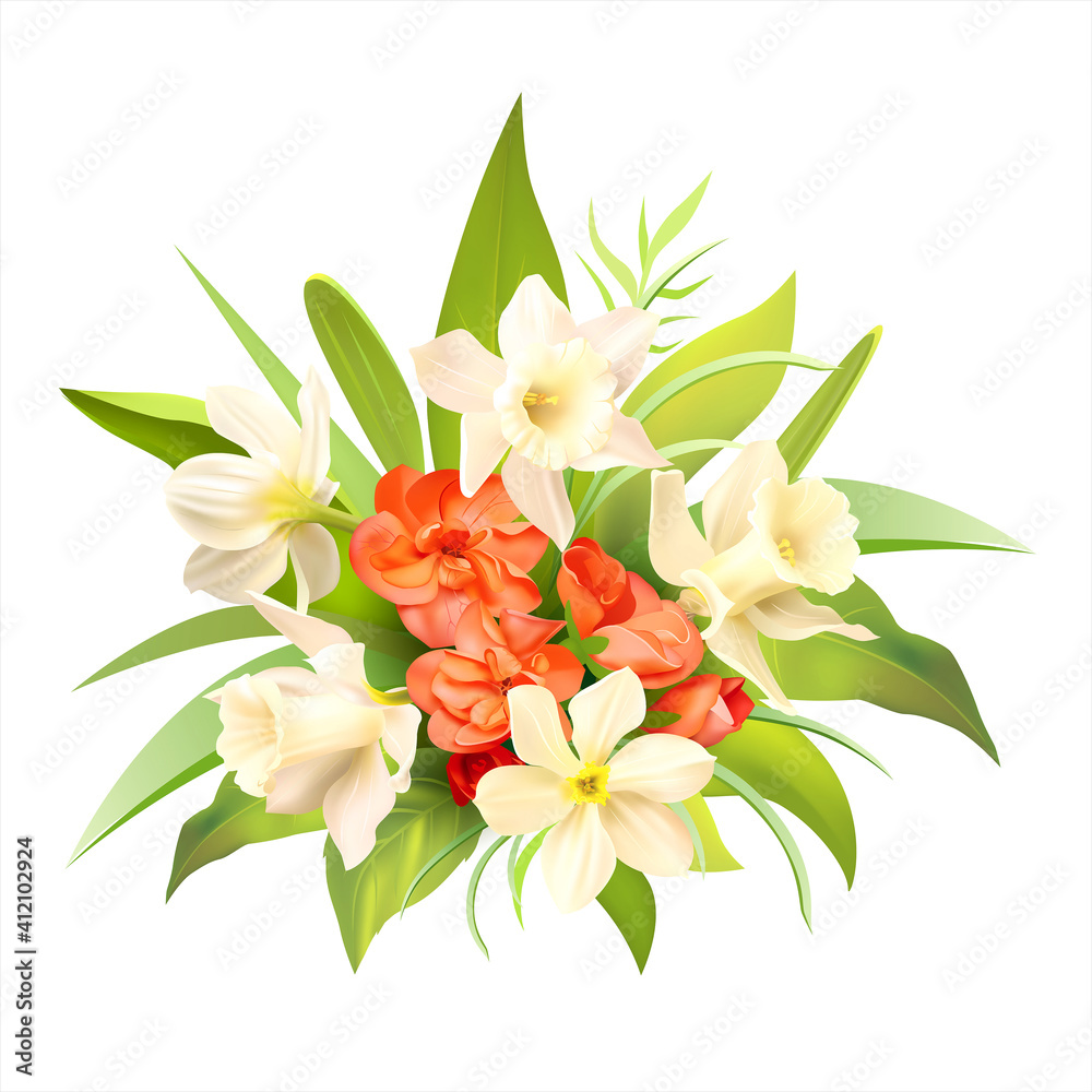 Spring flowers bouquet on white. Vector illustration. 