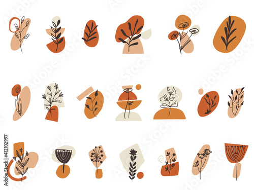 Clipart set with floral elements and abstract shapes. Boho style. Vector illustration.