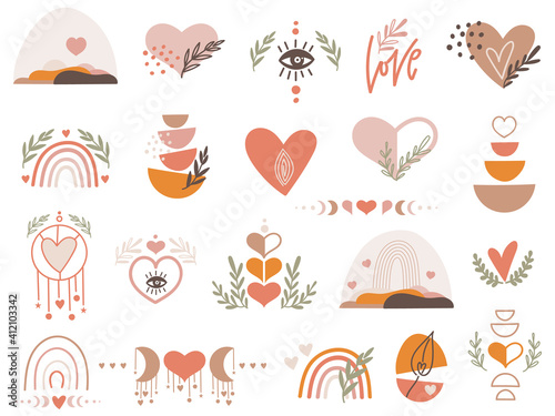 Boho Valentine clipart set with hearts. Vector illustration.