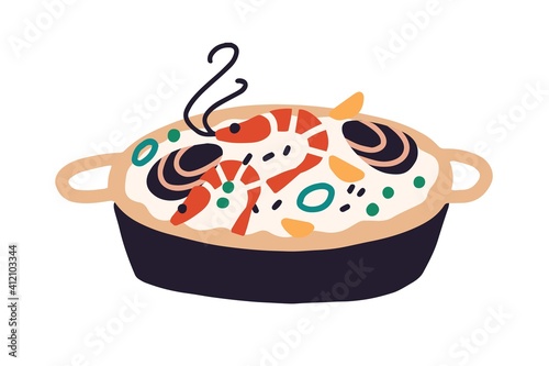 Traditional Spanish food with rice, seafood and vegetables. Paella dish with shrimps and mussels. Colored flat vector illustration isolated on white background