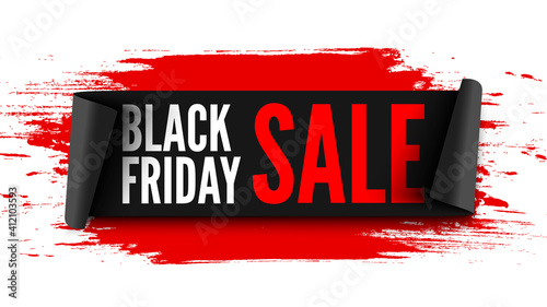Black friday sale banner with black ribbon and red brush strokes. Vector illustration.