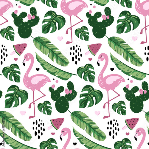 Flamingo seamless pattern with banana and monstera leaves, watermelon ice cream and cactus. Cute tropical wallpaper and fabric print. Doodle vector illustration.