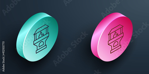 Isometric line Brick stove icon isolated on black background. Brick fireplace, masonry stove, stone oven icon.Turquoise and pink circle button. Vector.